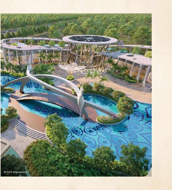 Aerial render of Gaur Alaris's peacock-shaped bridge over the mosaic-tiled Aqua zone pool, with the Club Regalia clubhouse pavilion and landscaped greens in the background