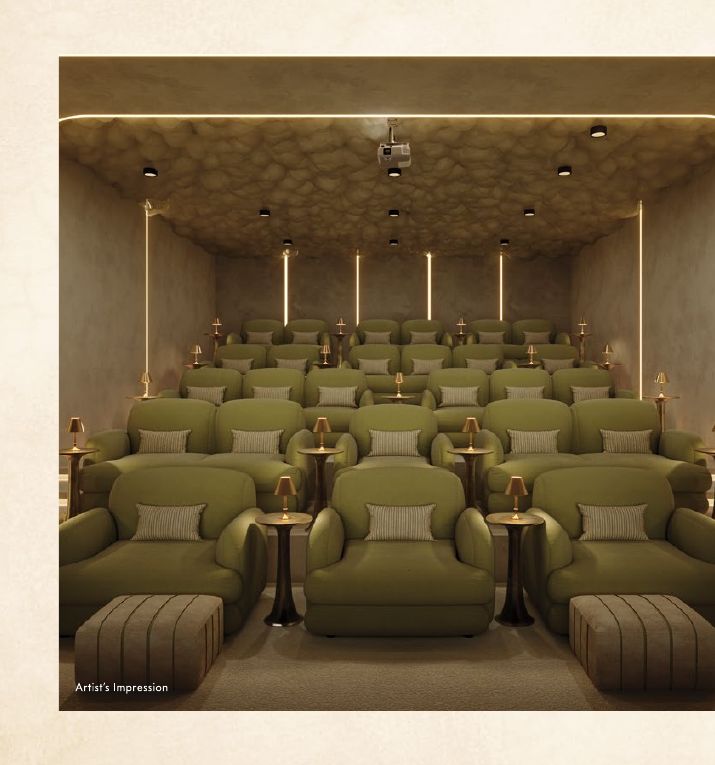 Interior render of Club Regalia's private mini theatre — tiered olive-green reclining seats and ottomans under warm ambient lighting