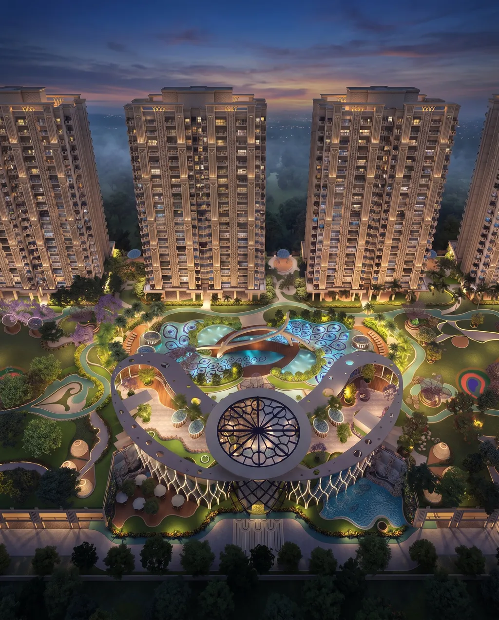 The peacock-inspired clubhouse and eye-patterned pools at dusk, towers behind (builder render, artistic visualization)