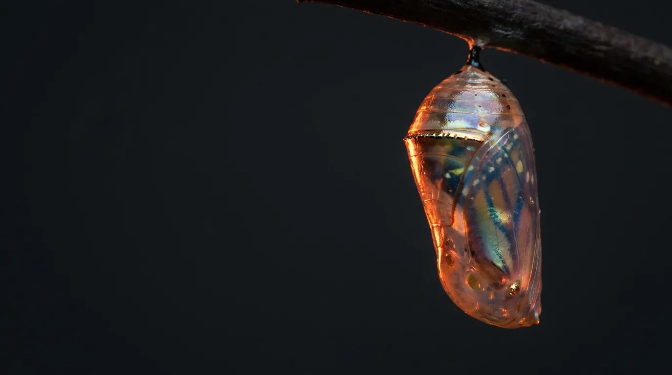 Macro photograph of an iridescent butterfly chrysalis — the original Gaur Chrysalis theme (artist's impression, representational only)