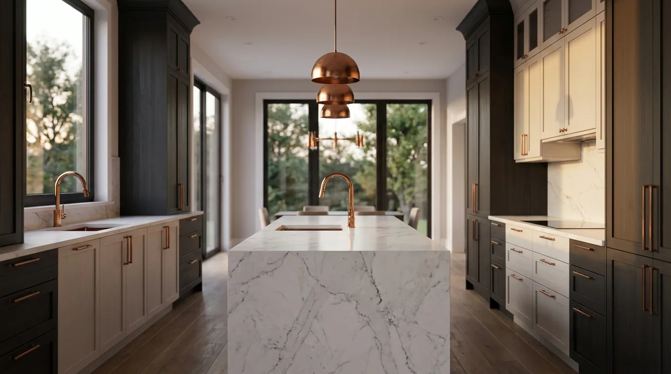 Modern luxury kitchen in charcoal and alabaster with copper fixtures